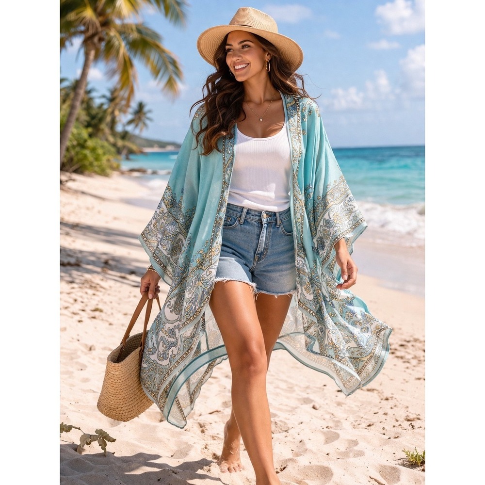 NWT: J. Jill Blue Paisley Medallion Viscose Kimono Wrap Coverup XL-3X (H747)